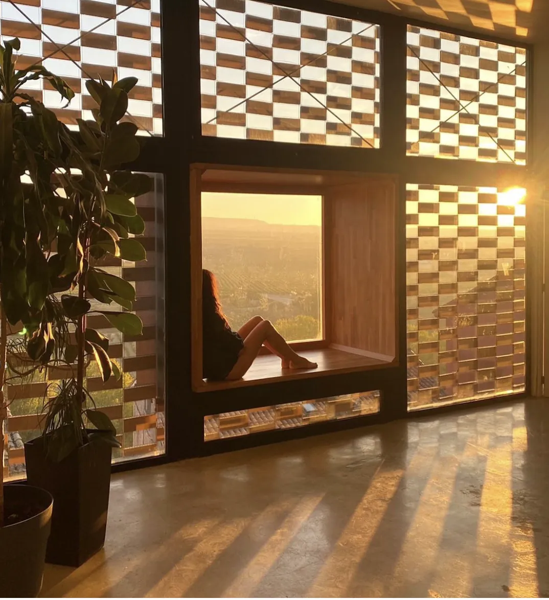Amanecer dorado en el mirador de La Macana, con una persona sentada frente al viñedo